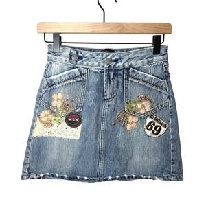 VTG 90s Sweet Jane Jeans Mini Skirts Patchwork Lace Sequins Light Wash y2K SZ XS
